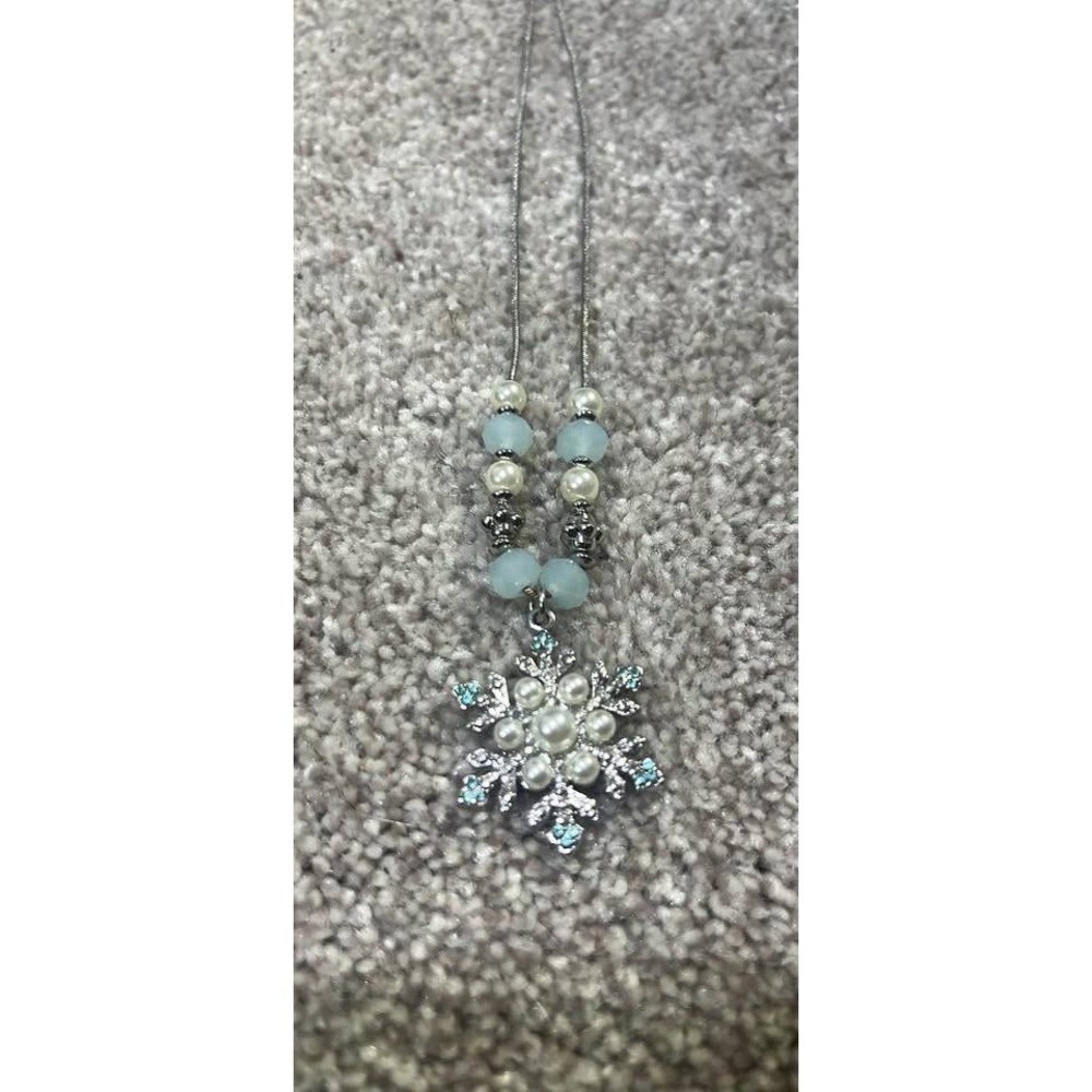 Silver Snowflake Pendant Necklace Blue Rhinestone Faux Pearl Winter Jewelry